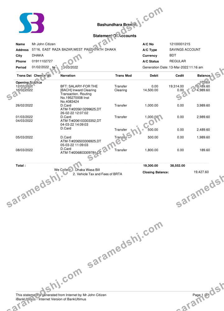 Bangladesh SB bank statement